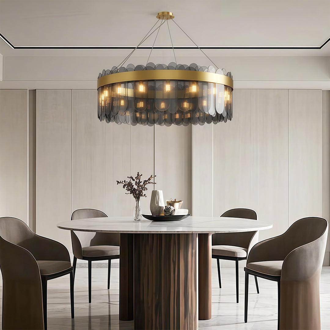Modern Geometric Chandelier — Solid Copper, Transparent Glass Shade, G9, 4 Sizes, Black / Chrome / Copper