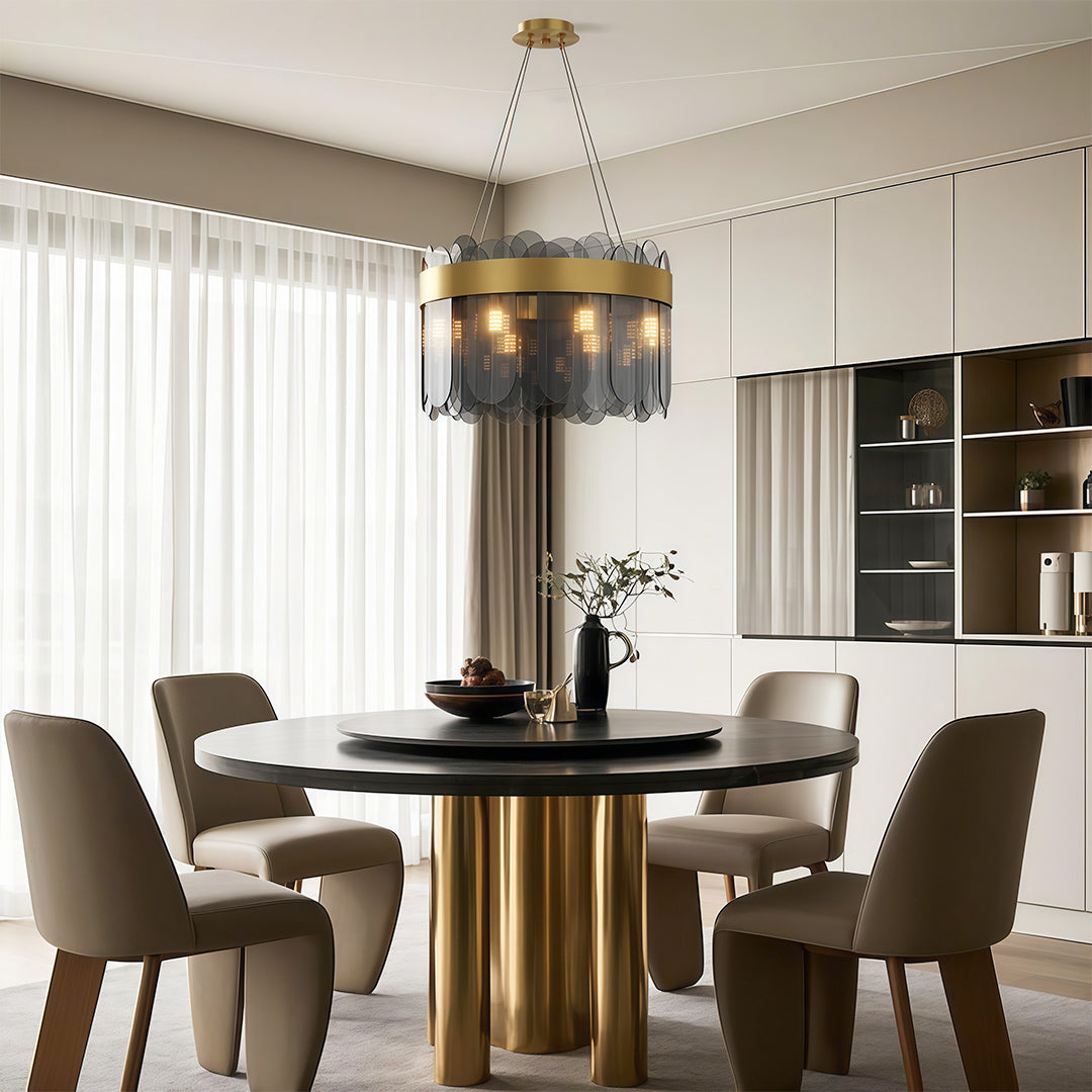 Modern Geometric Chandelier — Solid Copper, Transparent Glass Shade, G9, 4 Sizes, Black / Chrome / Copper