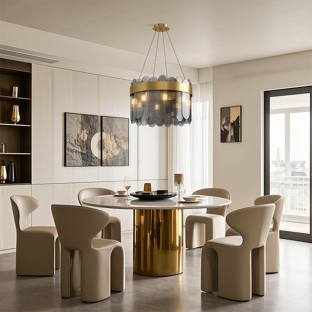 Modern Geometric Chandelier — Solid Copper, Transparent Glass Shade, G9, 4 Sizes, Black / Chrome / Copper