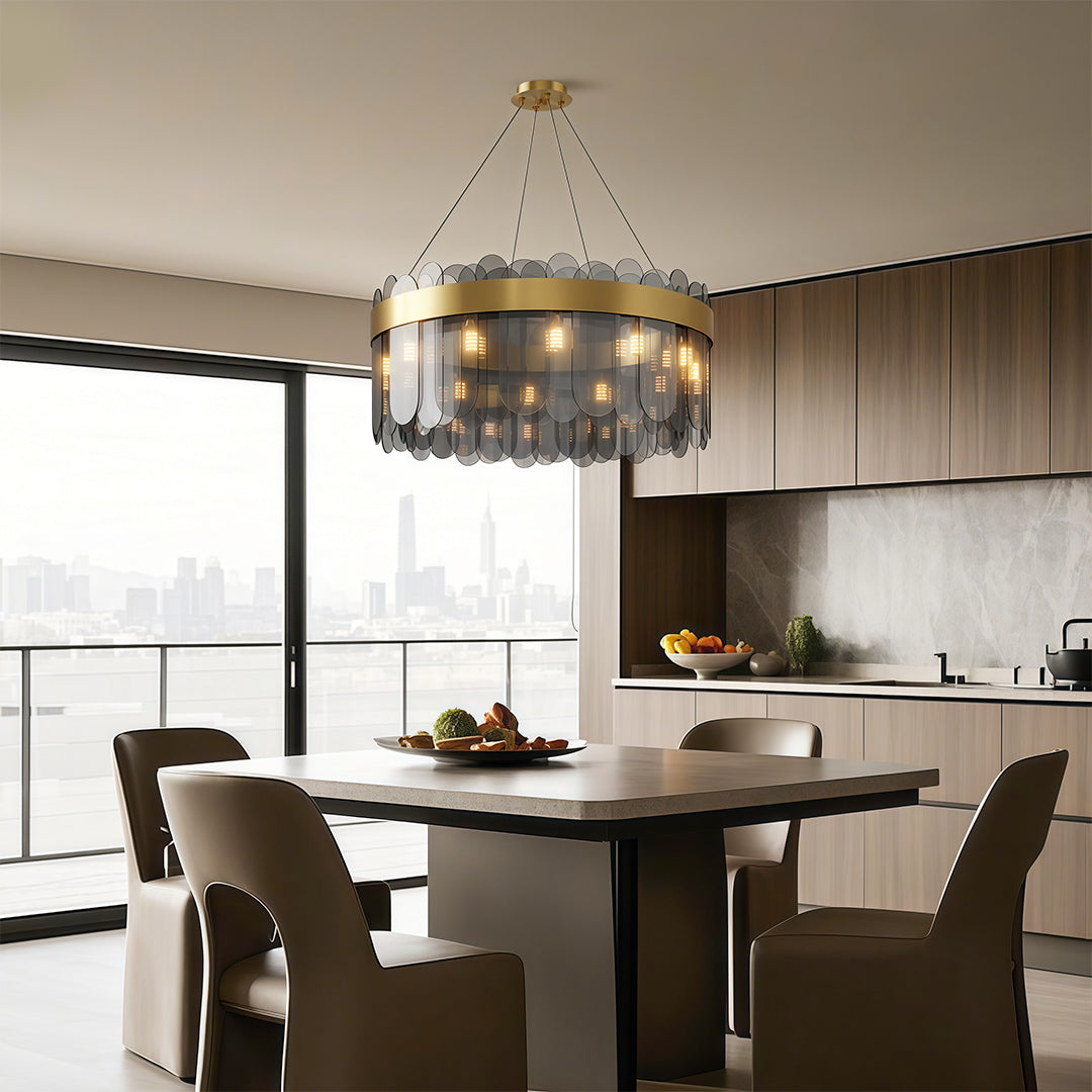 Modern Geometric Chandelier — Solid Copper, Transparent Glass Shade, G9, 4 Sizes, Black / Chrome / Copper
