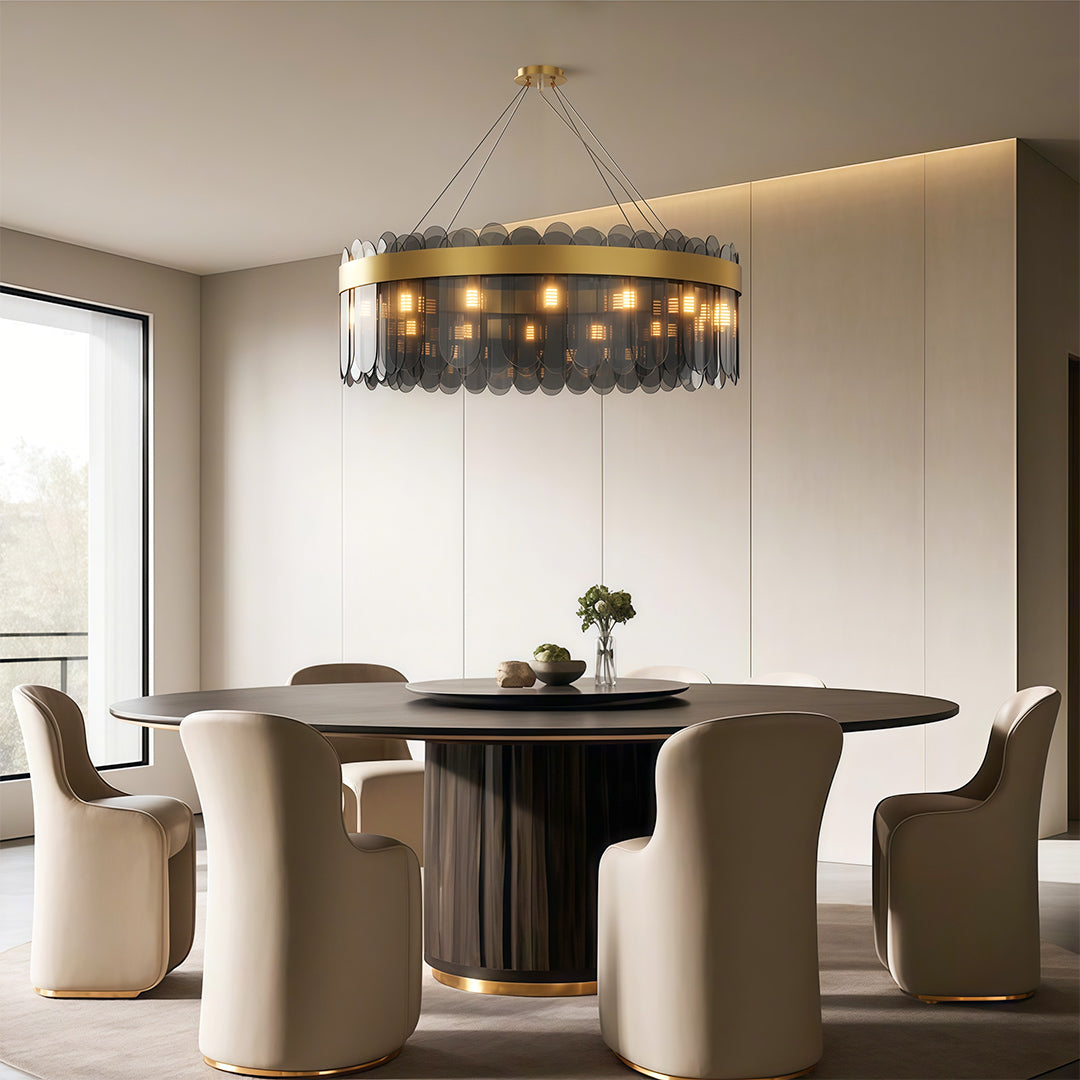 Modern Geometric Chandelier — Solid Copper, Transparent Glass Shade, G9, 4 Sizes, Black / Chrome / Copper