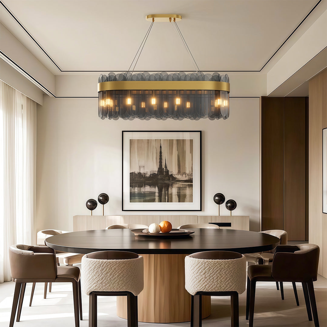 Modern Geometric Chandelier — Solid Copper, Transparent Glass Shade, G9, 4 Sizes, Black / Chrome / Copper