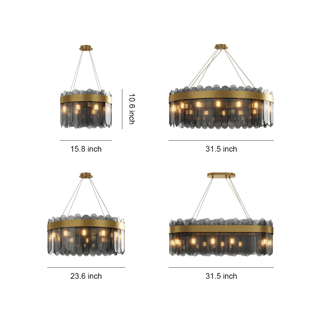 Modern Geometric Chandelier — Solid Copper, Transparent Glass Shade, G9, 4 Sizes, Black / Chrome / Copper