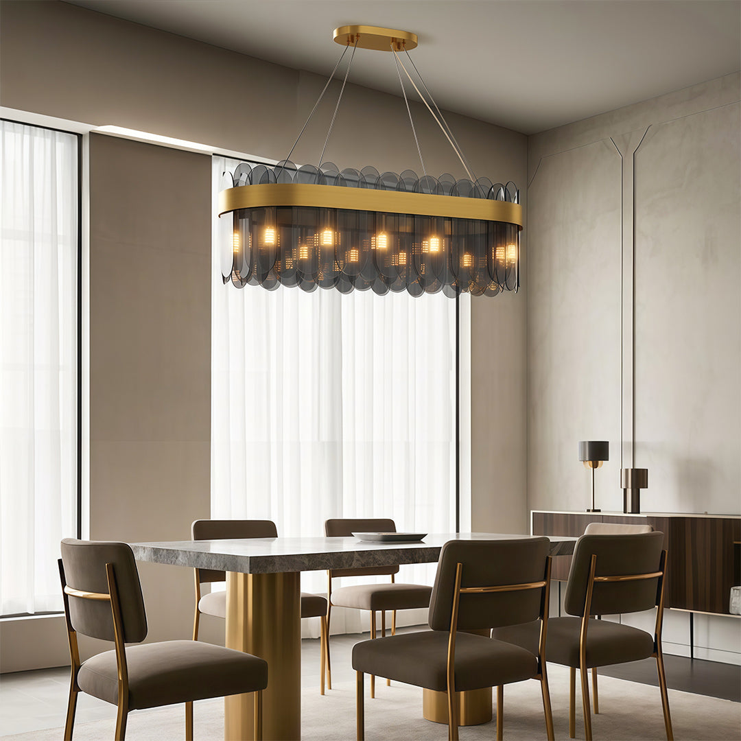 Modern Geometric Chandelier — Solid Copper, Transparent Glass Shade, G9, 4 Sizes, Black / Chrome / Copper