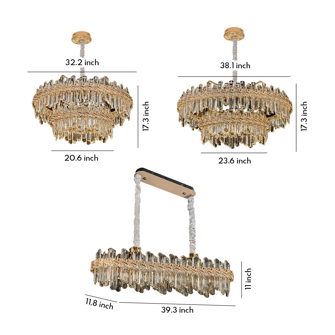 Crystal Chandelier — Champagne Gold-Plated Steel, Tri-Color LED, Single, Double, or Oval Layer, 6 Sizes