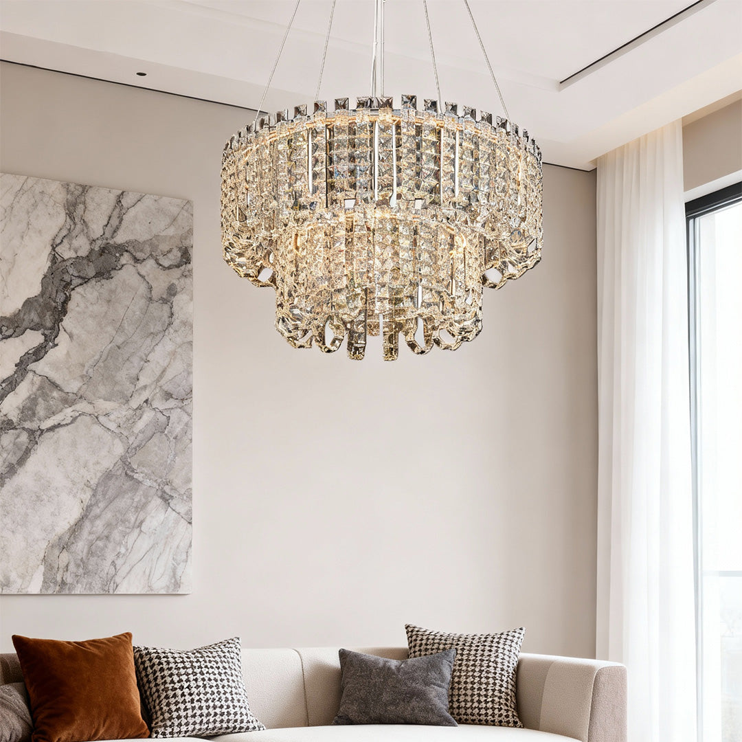 Modern Minimalist Crystal Chandelier — Chrome Stainless Steel, Three-Color Dimming, Adjustable Height, 5 Sizes