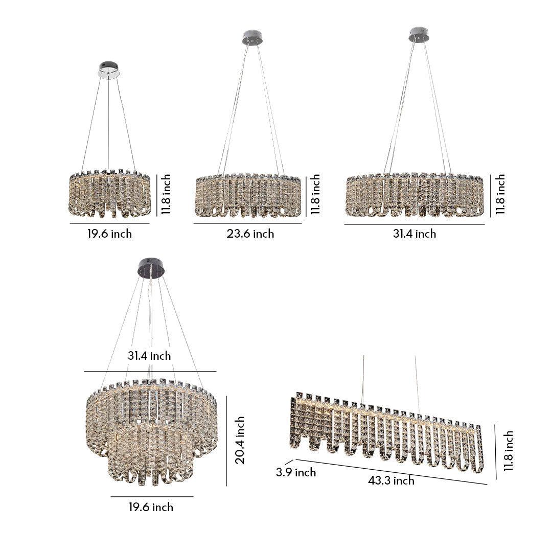 Modern Minimalist Crystal Chandelier — Chrome Stainless Steel, Three-Color Dimming, Adjustable Height, 5 Sizes