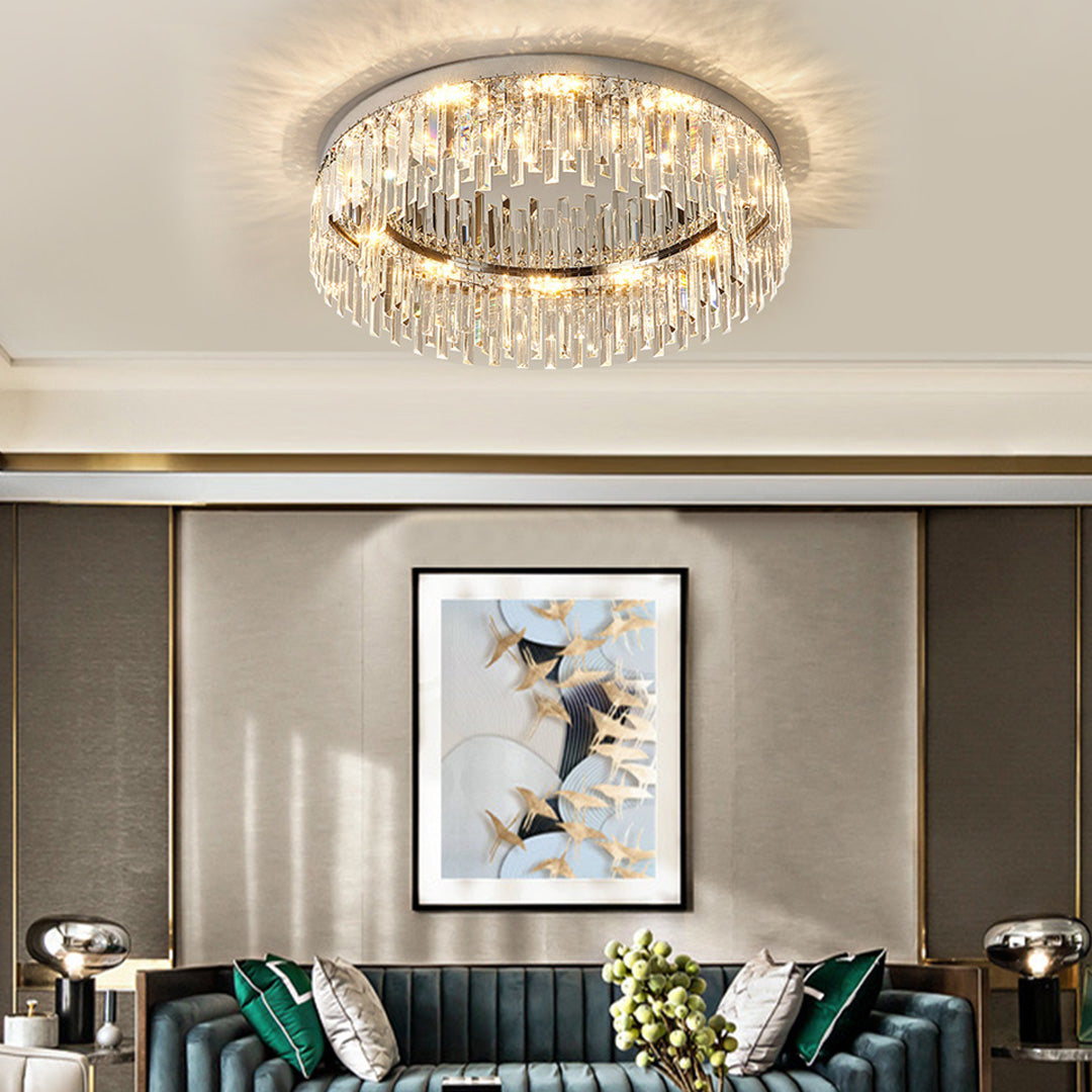 Minimalist Round Crystal Flush Mount — Stainless Steel, K9 Crystal, 3-Step Dimming, E14, 19.7"–31.5"