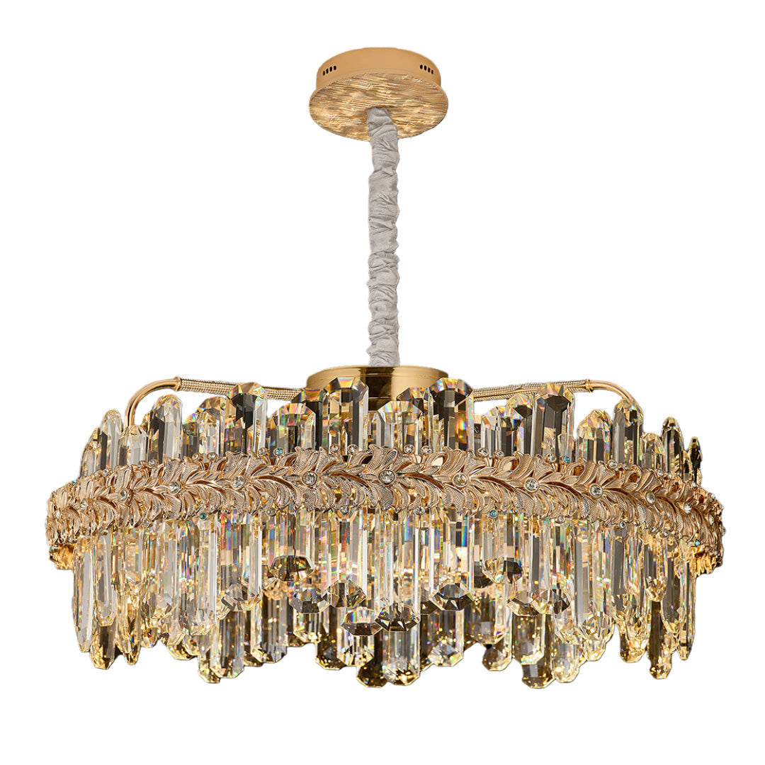 Crystal Chandelier — Champagne Gold-Plated Steel, Tri-Color LED, Single, Double, or Oval Layer, 6 Sizes
