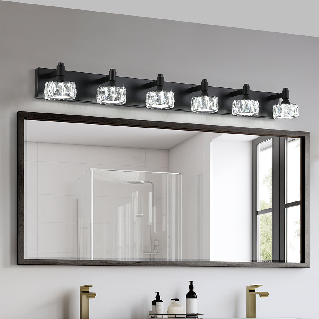 Modern Crystal Bathroom Vanity Light — Black Iron, 6000K LED, 30W, 4-, 5-, or 6-Light