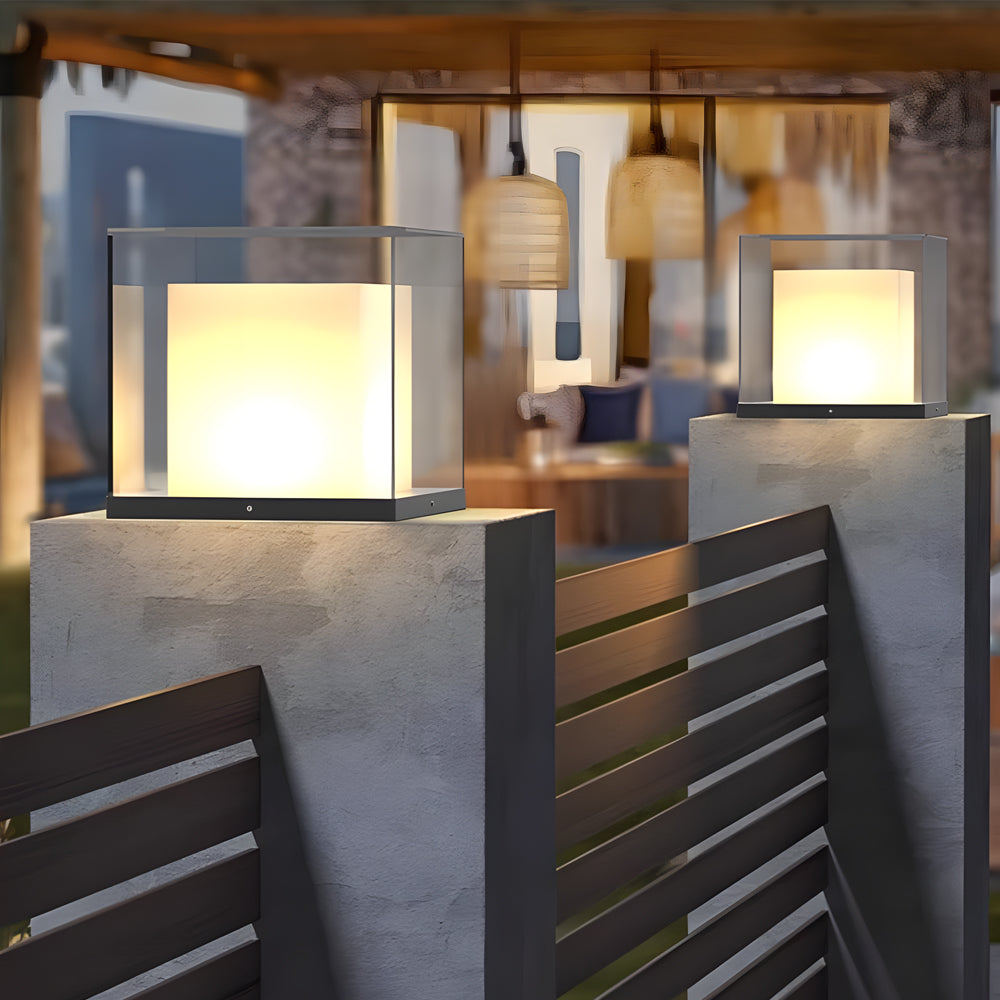 Minimalist Square Gate Pillar Light — Stainless Steel & Glass, Solar or Hardwired, 3000K LED, IP65, 360° Illumination