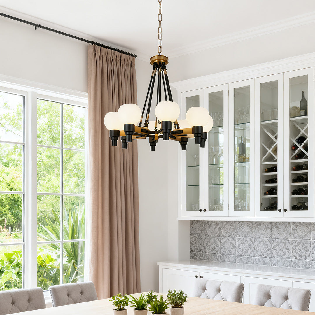 8-Light Bean Globe Chandelier — Black Metal, Transparent Glass, 29.9" Diameter, Hardwired