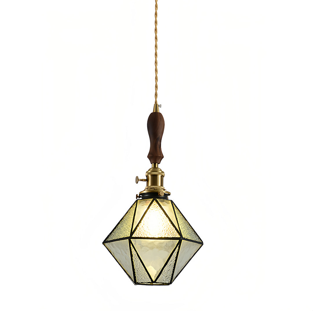 Diamond-Shaped Mini Pendant — Antique Brass, Wood and Tiffany Glass, 16W E27, 2m Adjustable Cord