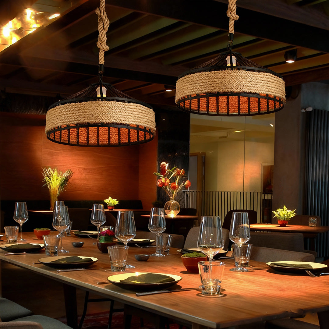 Circular Iron and Hemp Rope Pendant Light — Black, E27, 4W Warm, Adjustable 1.5m Suspension