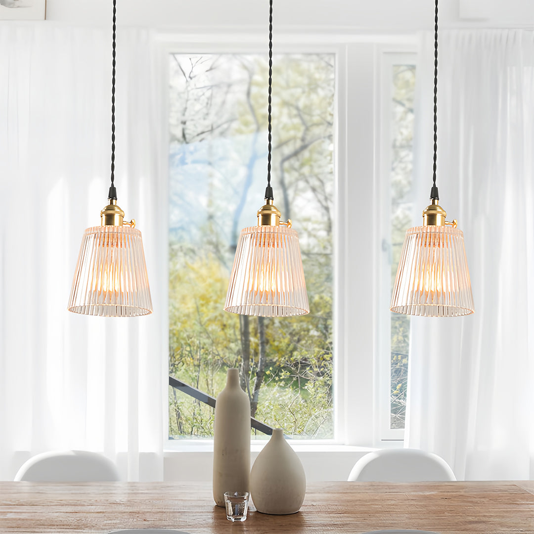 Minimalist Brass Mini Pendant — Clear Striped Glass, E26, 1-Light, Adjustable 1.4m Cord