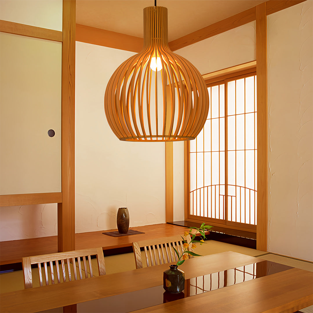 Birdcage Pendant Light — Handcrafted Birch Wood, 12W LED E27, 3-Step Dimming, Adjustable Chain, 3 Sizes