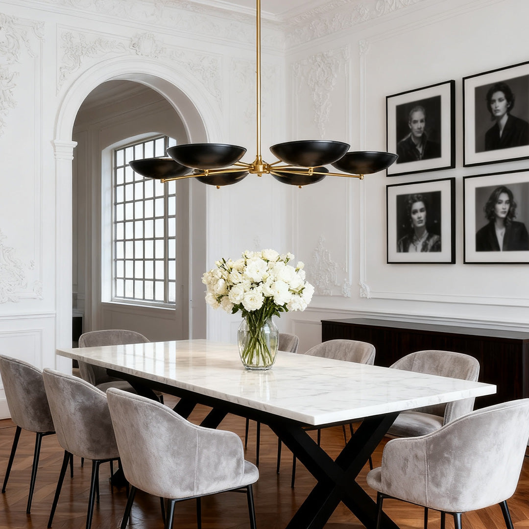French Vintage Chandelier — Black and Gold Metal, 6-Light G9, 40" Diameter