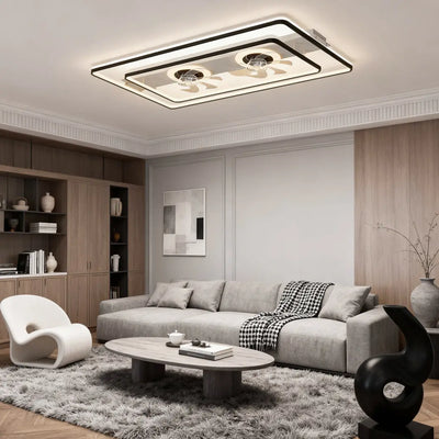 Rectangular Dual-Head Flush-Mount Ceiling Fan — Transparent Blades, Three-Step Dimming, Black or Gold