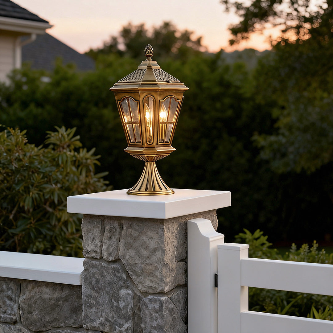 Octagonal Palace Lantern Exterior Pillar Light — Solid Copper, Clear Glass, IP55, E14, 22.4"