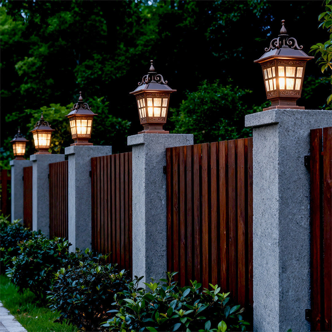 Vintage Carved Pillar Garden Light — Cast Aluminum with Glass Shade, 12W E27, IP44, 3000K Warm White
