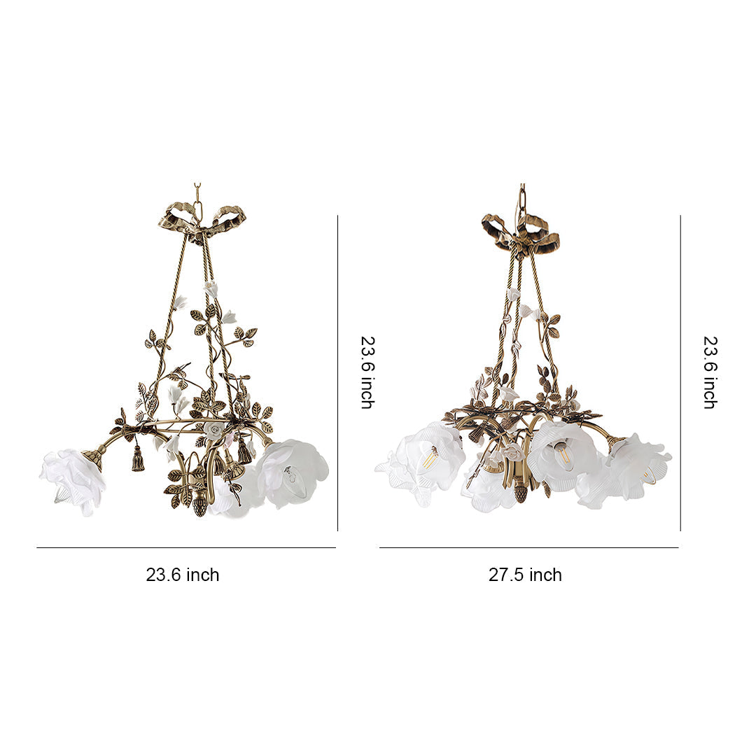 Flower Chandelier — White Glass Petals, Brass Frame, 3-Light or 6-Light, 2700K–3999K