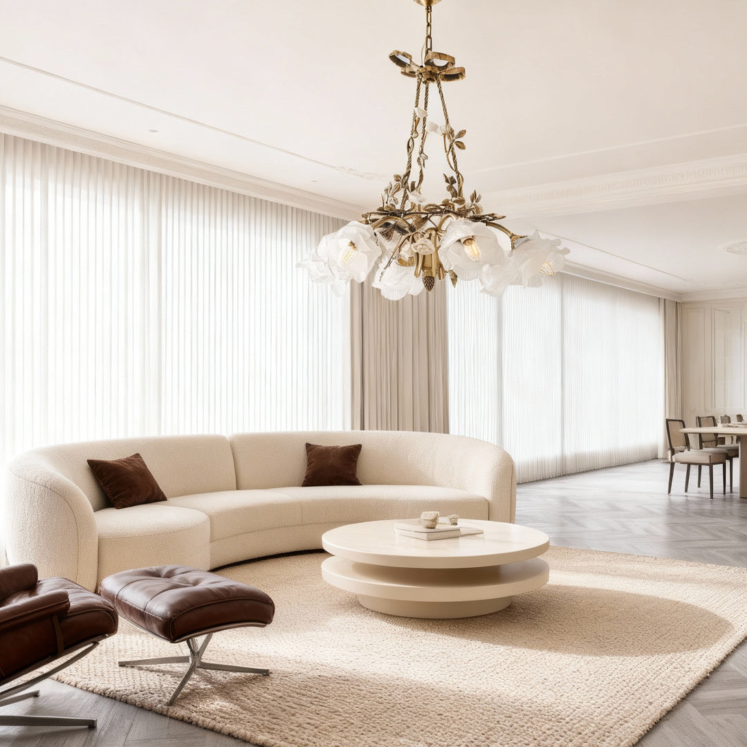 Flower Chandelier — White Glass Petals, Brass Frame, 3-Light or 6-Light, 2700K–3999K