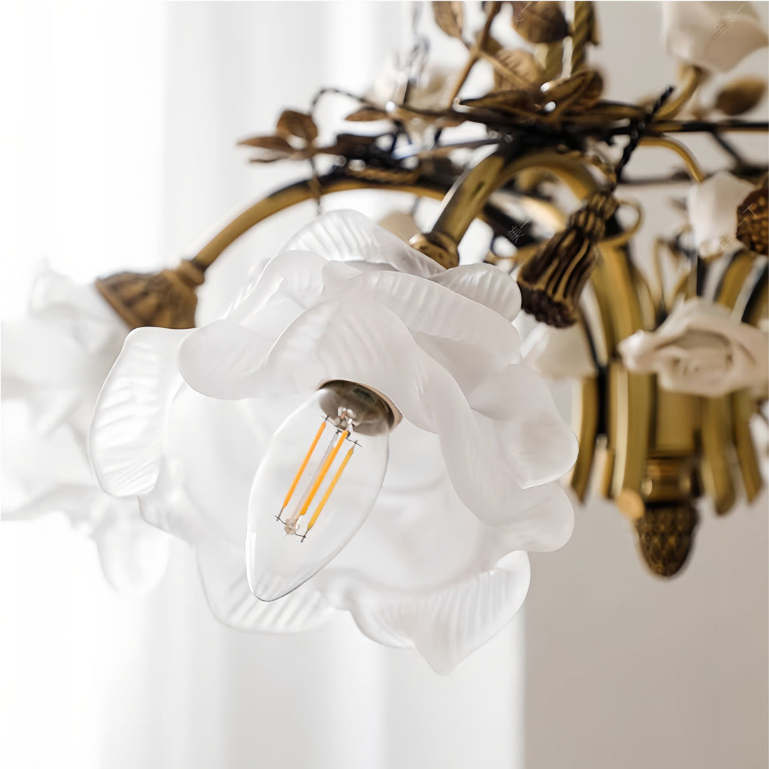 Flower Chandelier — White Glass Petals, Brass Frame, 3-Light or 6-Light, 2700K–3999K
