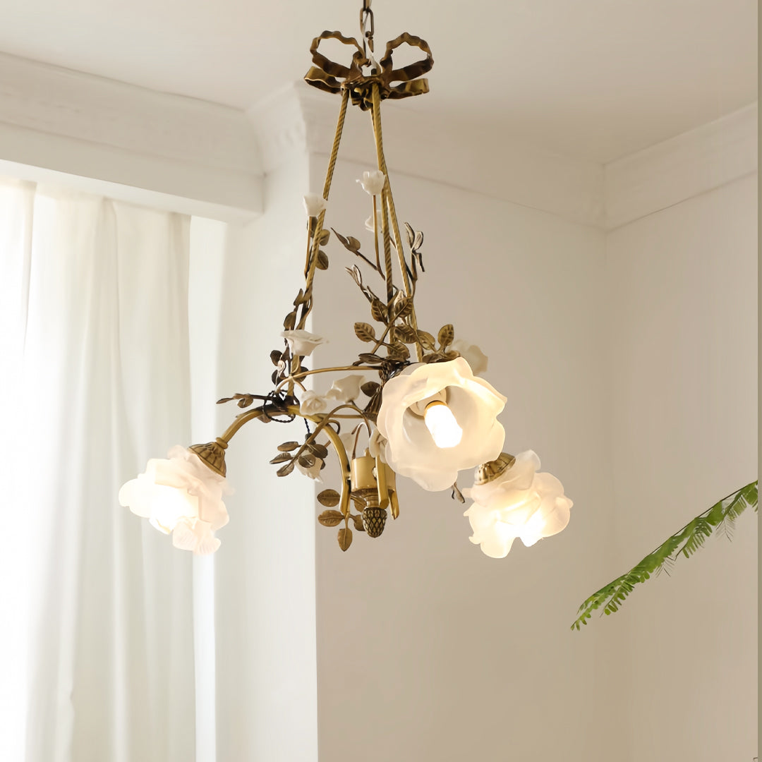 Flower Chandelier — White Glass Petals, Brass Frame, 3-Light or 6-Light, 2700K–3999K
