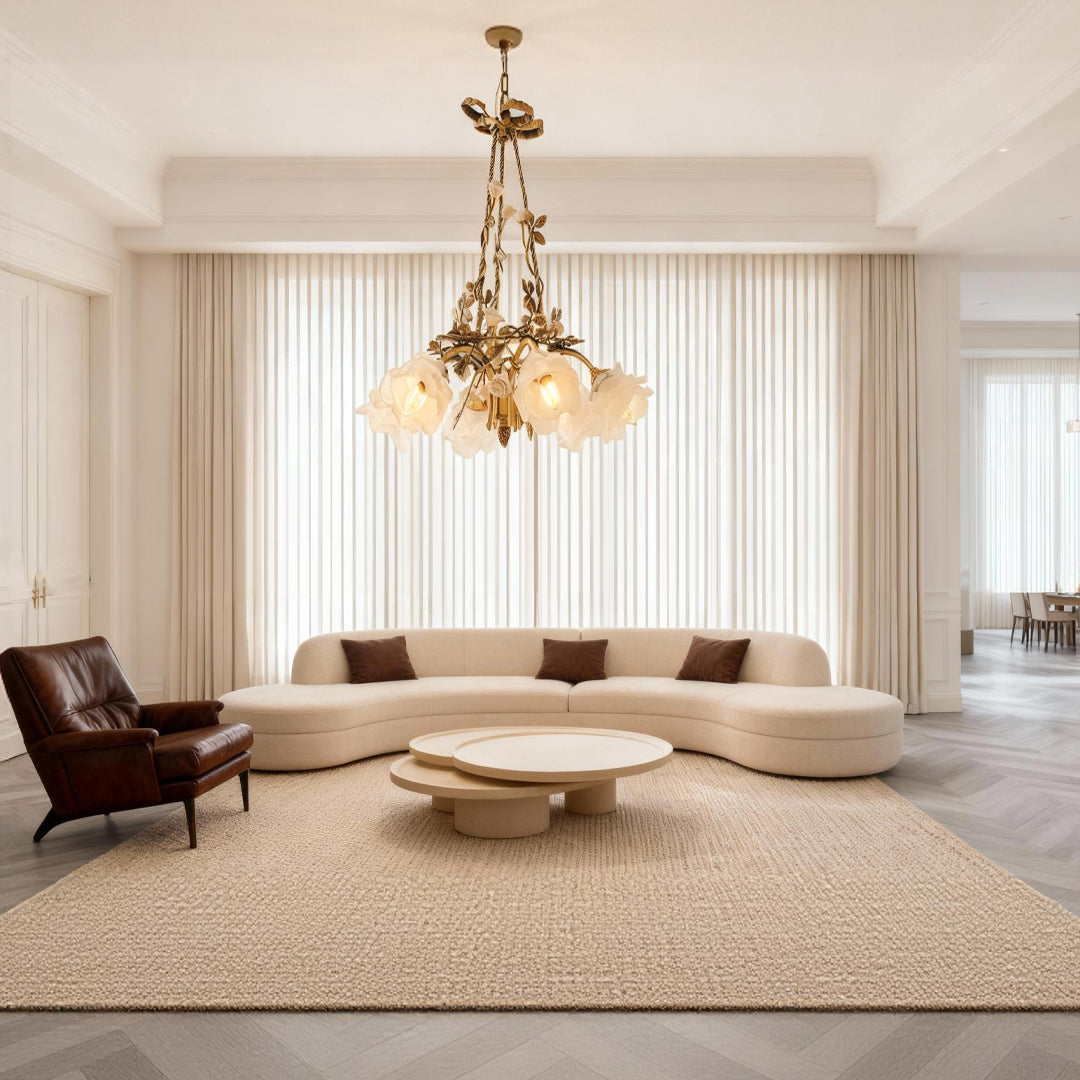 Flower Chandelier — White Glass Petals, Brass Frame, 3-Light or 6-Light, 2700K–3999K