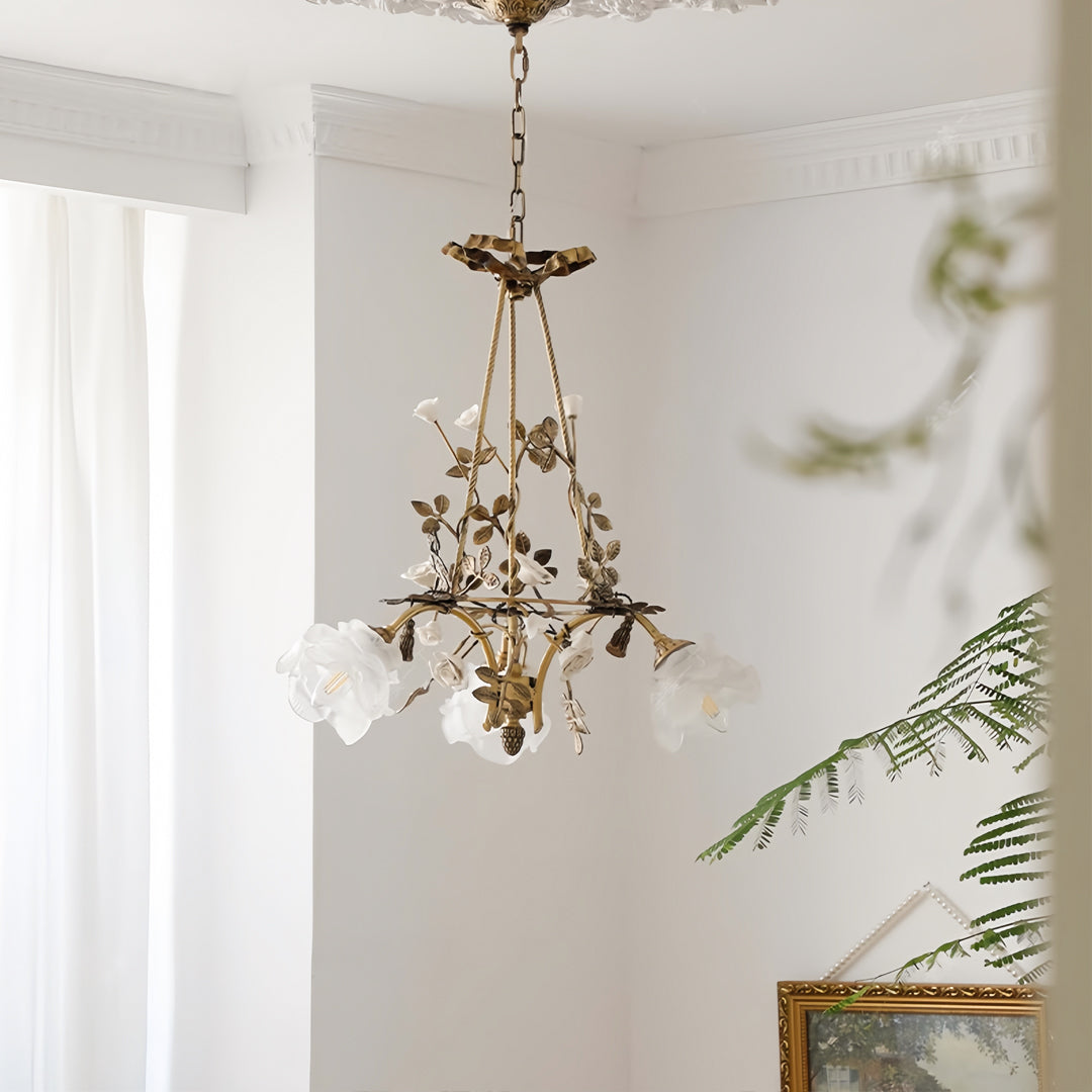 Flower Chandelier — White Glass Petals, Brass Frame, 3-Light or 6-Light, 2700K–3999K