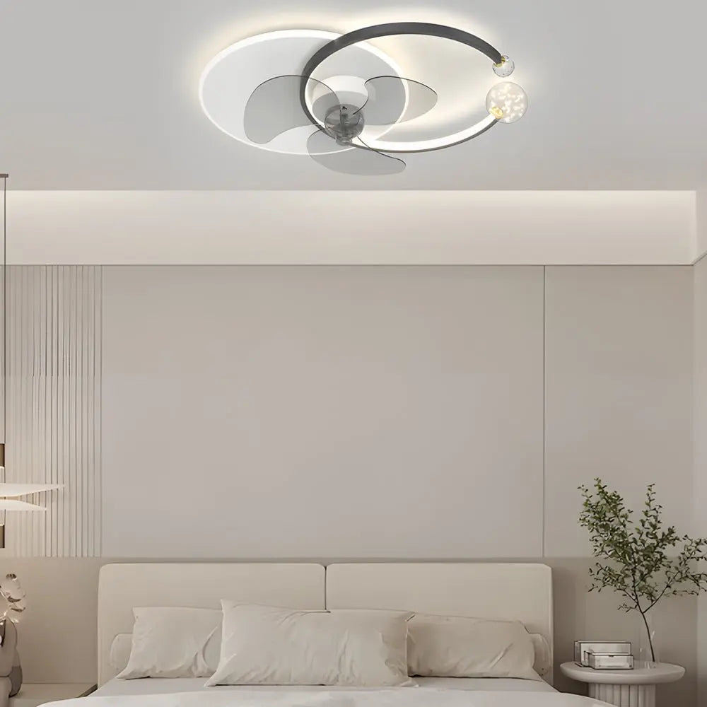 Modern Flush Mount Ceiling Fan Lamp with 3-Step Dimming and Mute Creative Round Ring Design Luxe