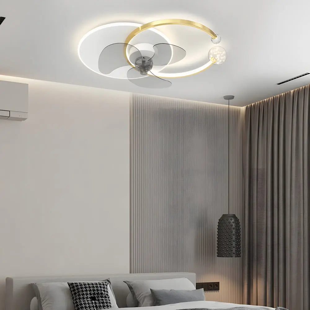 Modern Flush Mount Ceiling Fan Lamp with 3-Step Dimming and Mute Creative Round Ring Design Luxe