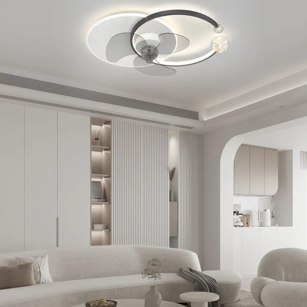 Modern Flush Mount Ceiling Fan Lamp with 3-Step Dimming and Mute Creative Round Ring Design Luxe