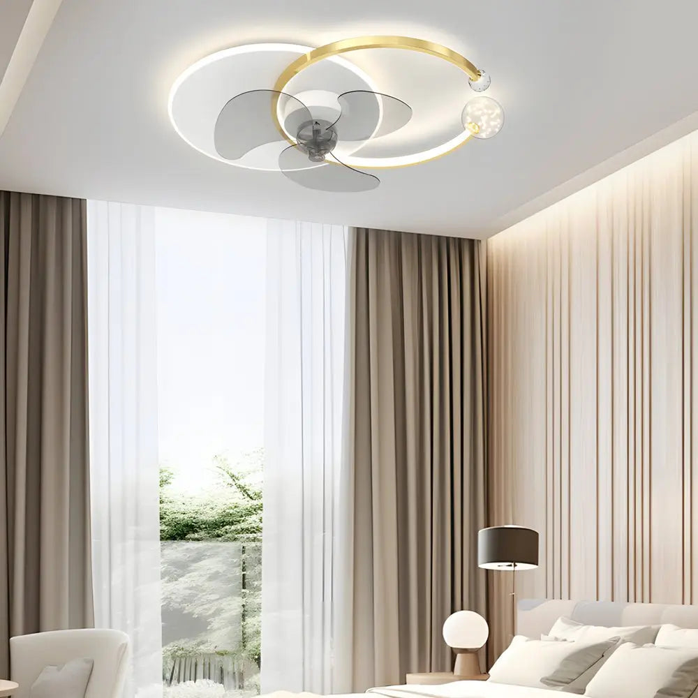 Modern Flush Mount Ceiling Fan Lamp with 3-Step Dimming and Mute Creative Round Ring Design Luxe
