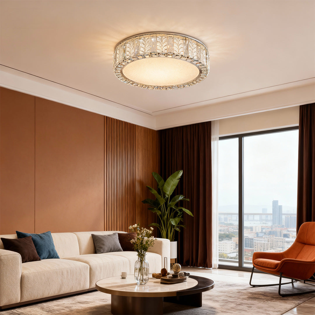 Round Crystal Flush-Mount Ceiling Light — Titanium Gold Stainless Steel, LED, Dual-Color Temperature, 50cm / 60cm