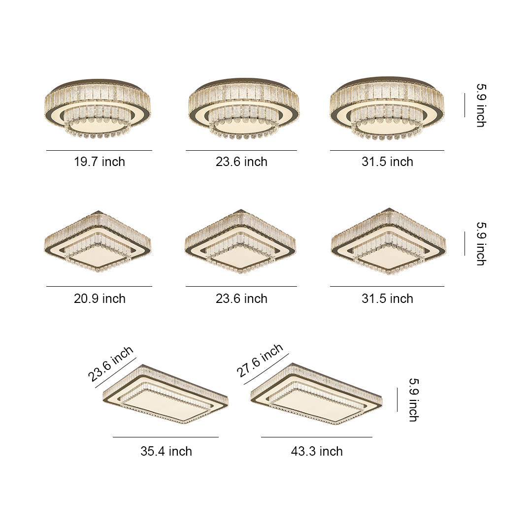 Modern Crystal Flush-Mount Light — Stainless Steel, Round/Square/Rectangle, 3-Step Dimming, LED