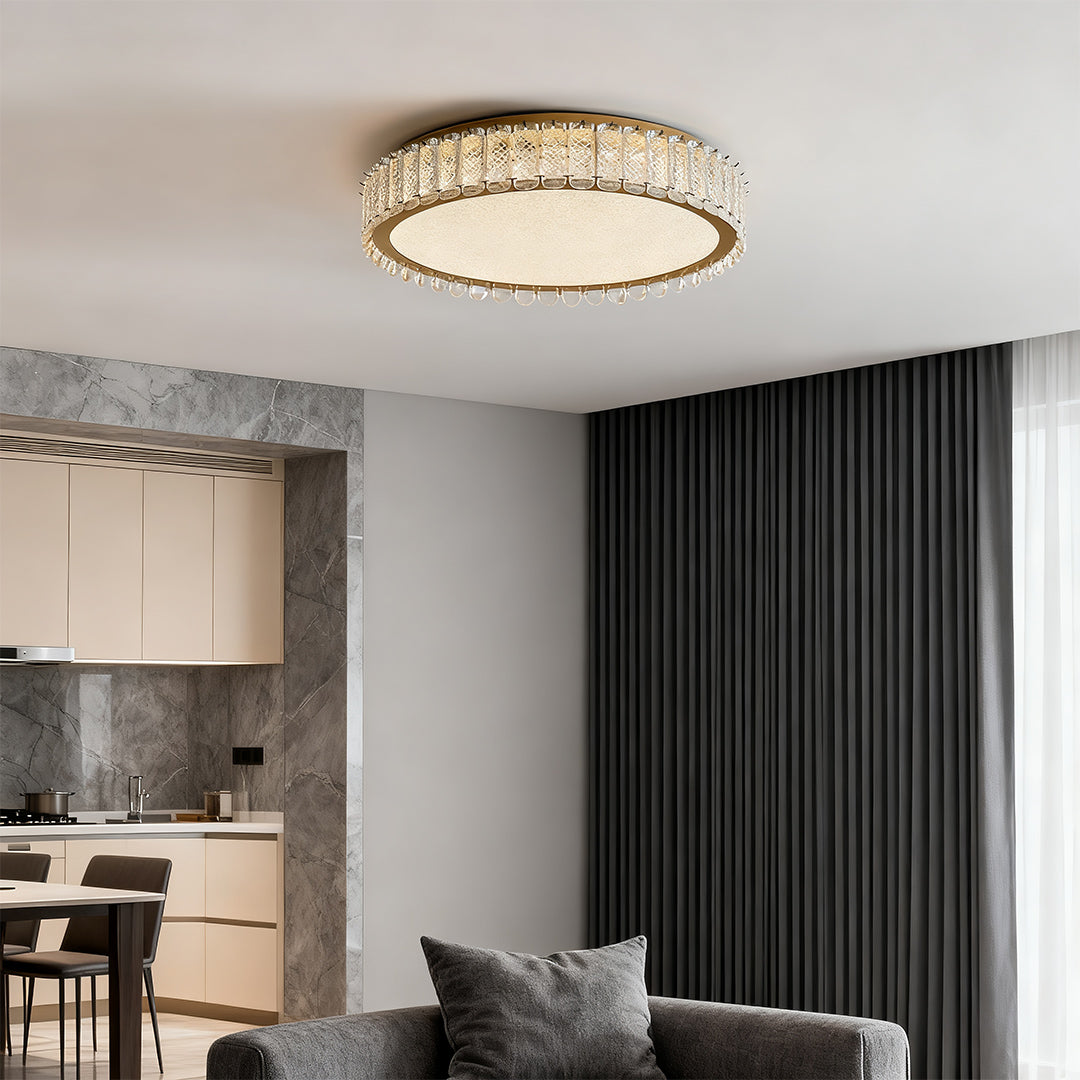 Crystal Flush-Mount Ceiling Light — Chrome Stainless Steel, LED, Three-Color Dimming, Round & Rectangular Sizes