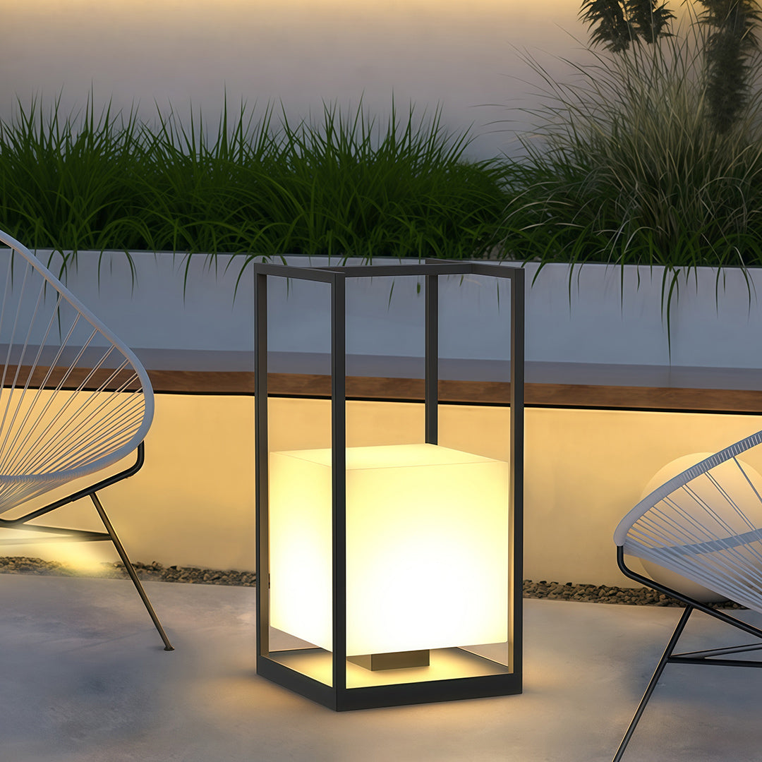 Contemporary Outdoor Lantern — Black Stainless Steel & Acrylic, LED, IP65, Solar or Plug-in, 2200mAh, Dusk-to-Dawn