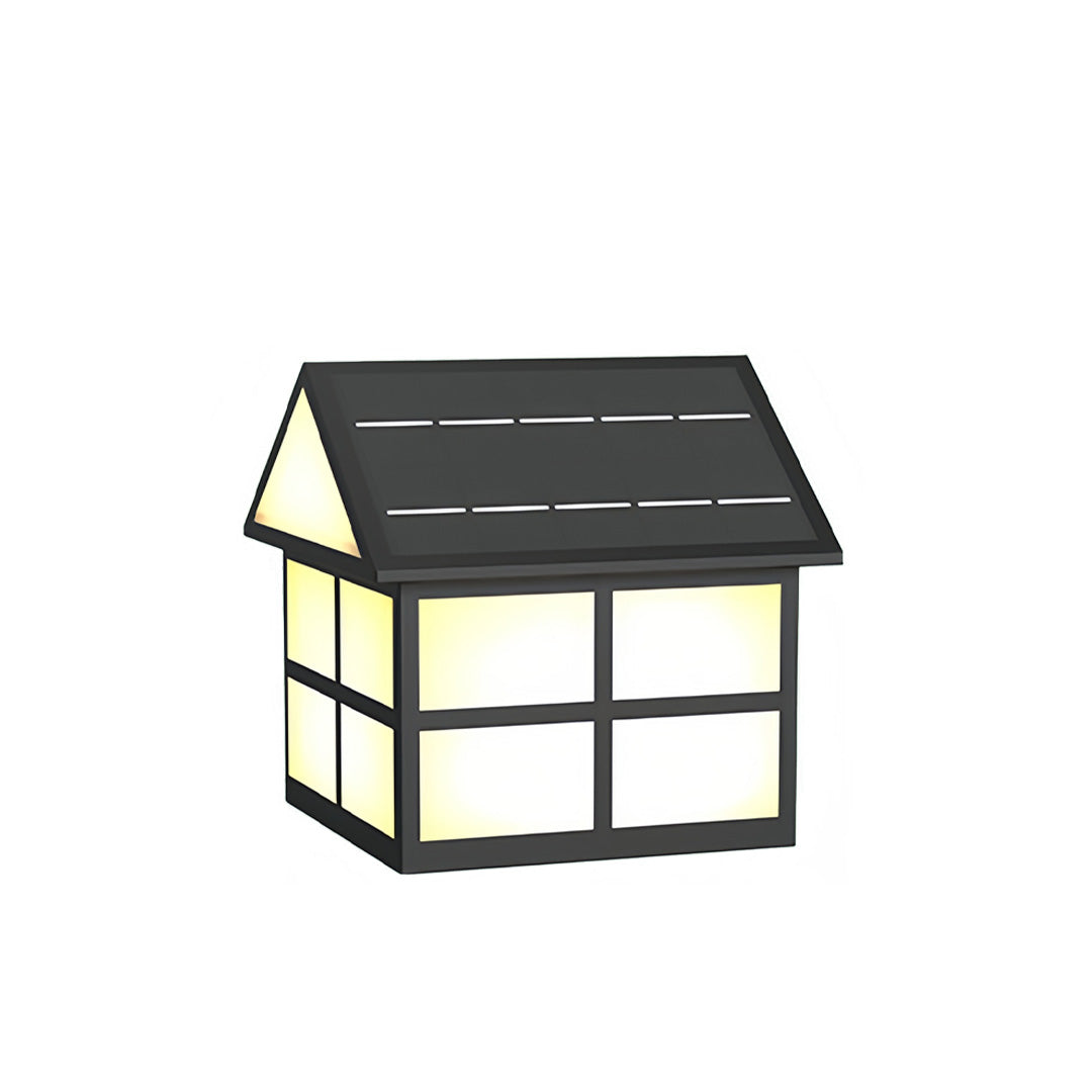 House-Shaped Gate Pillar Top Light — Black Stainless Steel, 5W LED, Solar or Hardwired, IP65, 3 Sizes