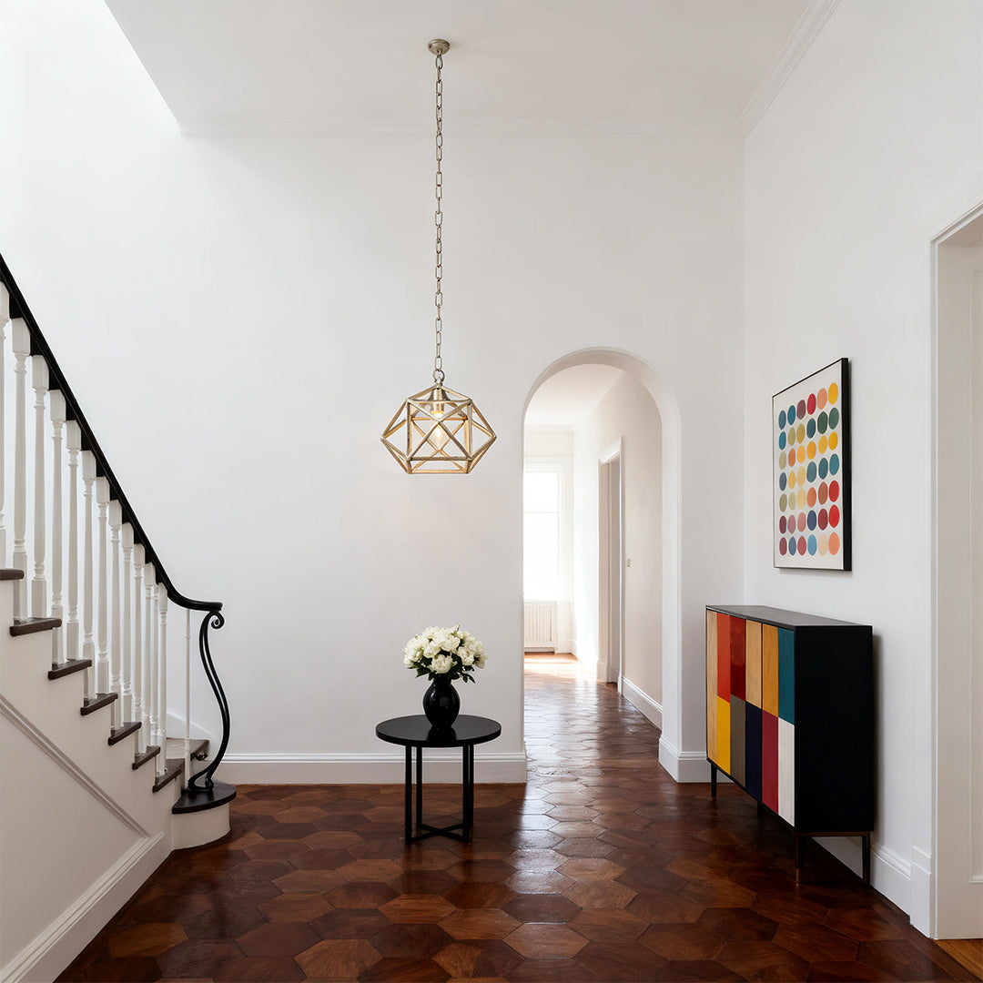 Geometric Pendant Light — Gold Metal, Adjustable Chain, E12, 10" Diameter
