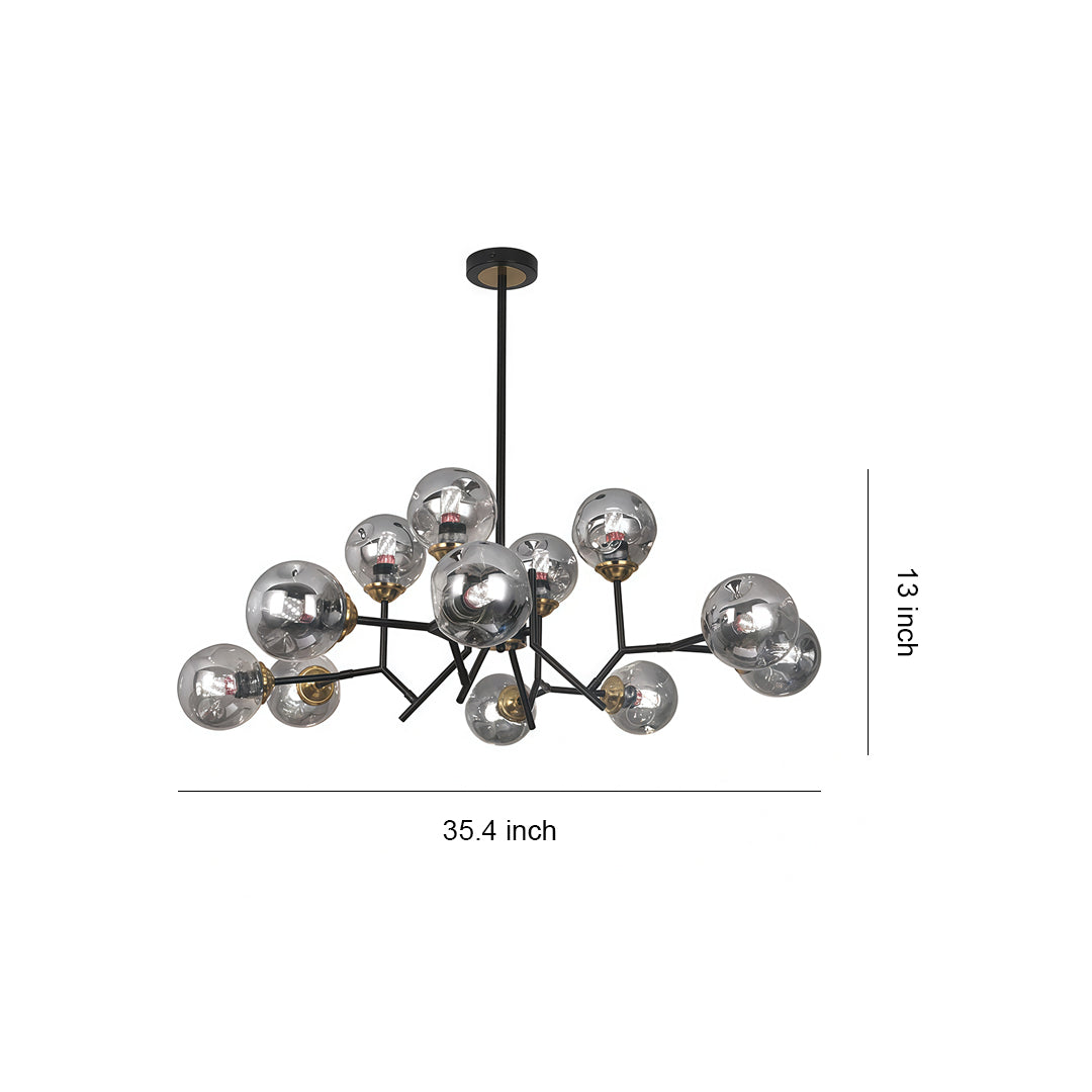 Glass Globe Chandelier — Black Iron, 12-Light E27, 144W, Adjustable Hanging Rod, 35.43" Wide