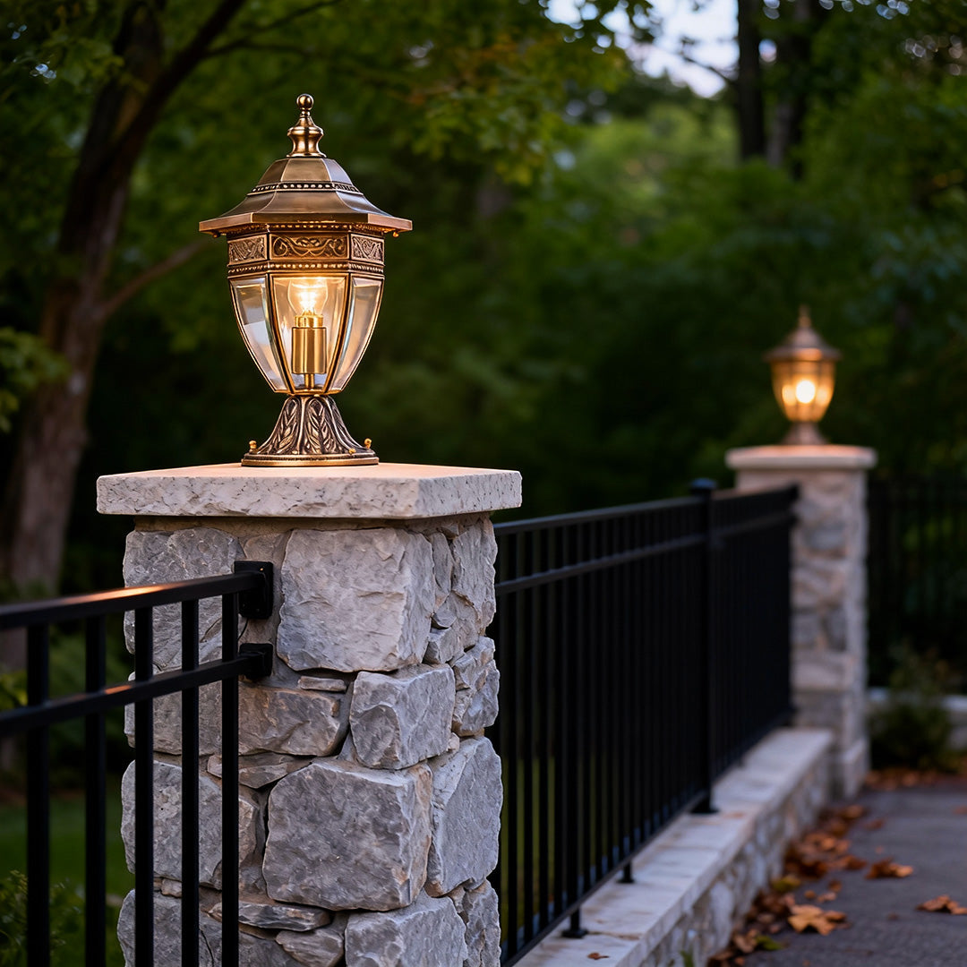 Classic Glass Outdoor Pillar Light — Solid Copper, Transparent Glass Shade, IP55 Weatherproof, E27/E14