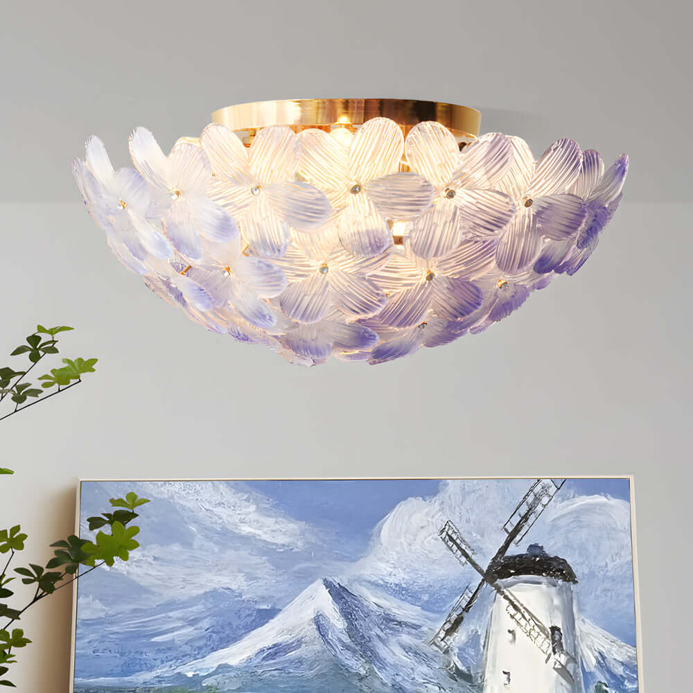 French Petal Glass Semi Flush-Mount — Iron Body, E14, 6-Light or 9-Light, Pink / Blue / Mint Green