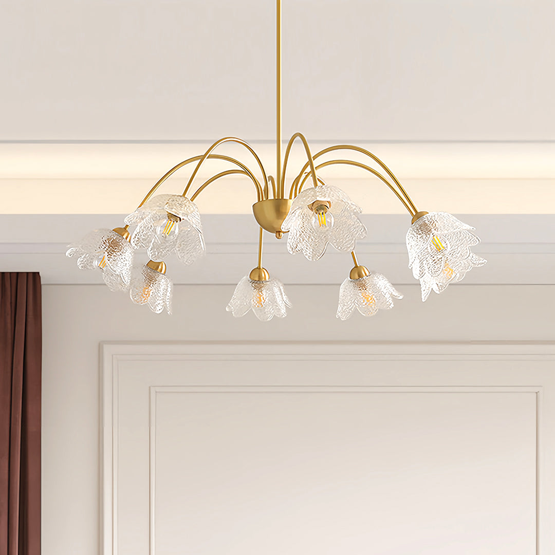French Flower-Shaped Glass Chandelier — Full Copper, Brass Finish, 3-Step Dimming, 3, 6, or 8-Light