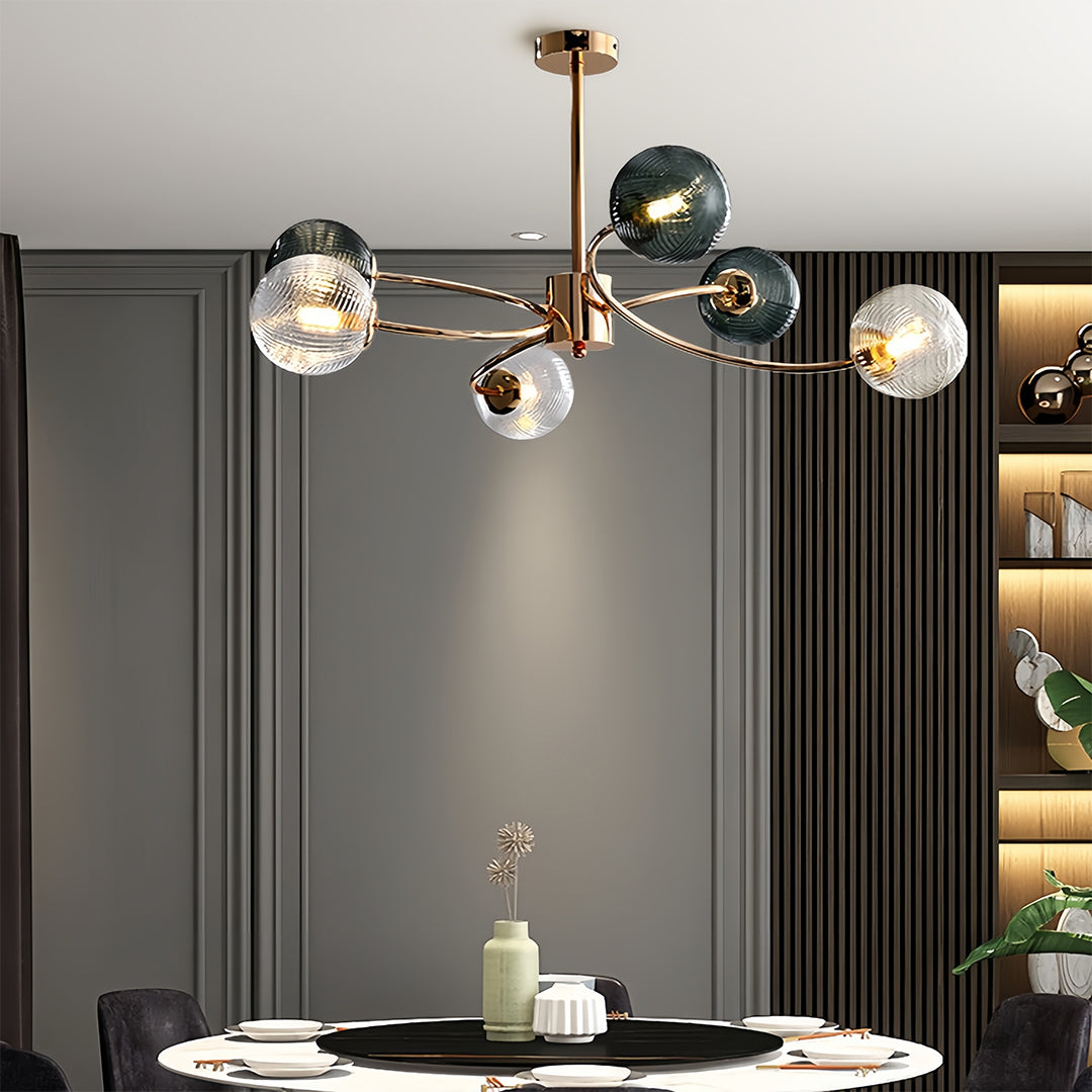 Tree Branch Flush-Mount Chandelier — Gold Iron, Clear Green Glass, 6-Light, 3-Step Dimming