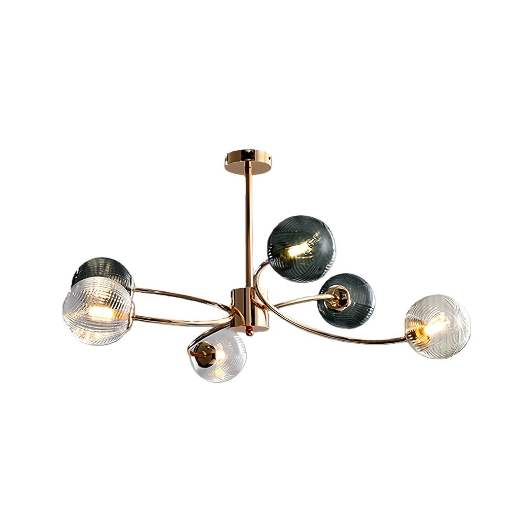 Tree Branch Flush-Mount Chandelier — Gold Iron, Clear Green Glass, 6-Light, 3-Step Dimming
