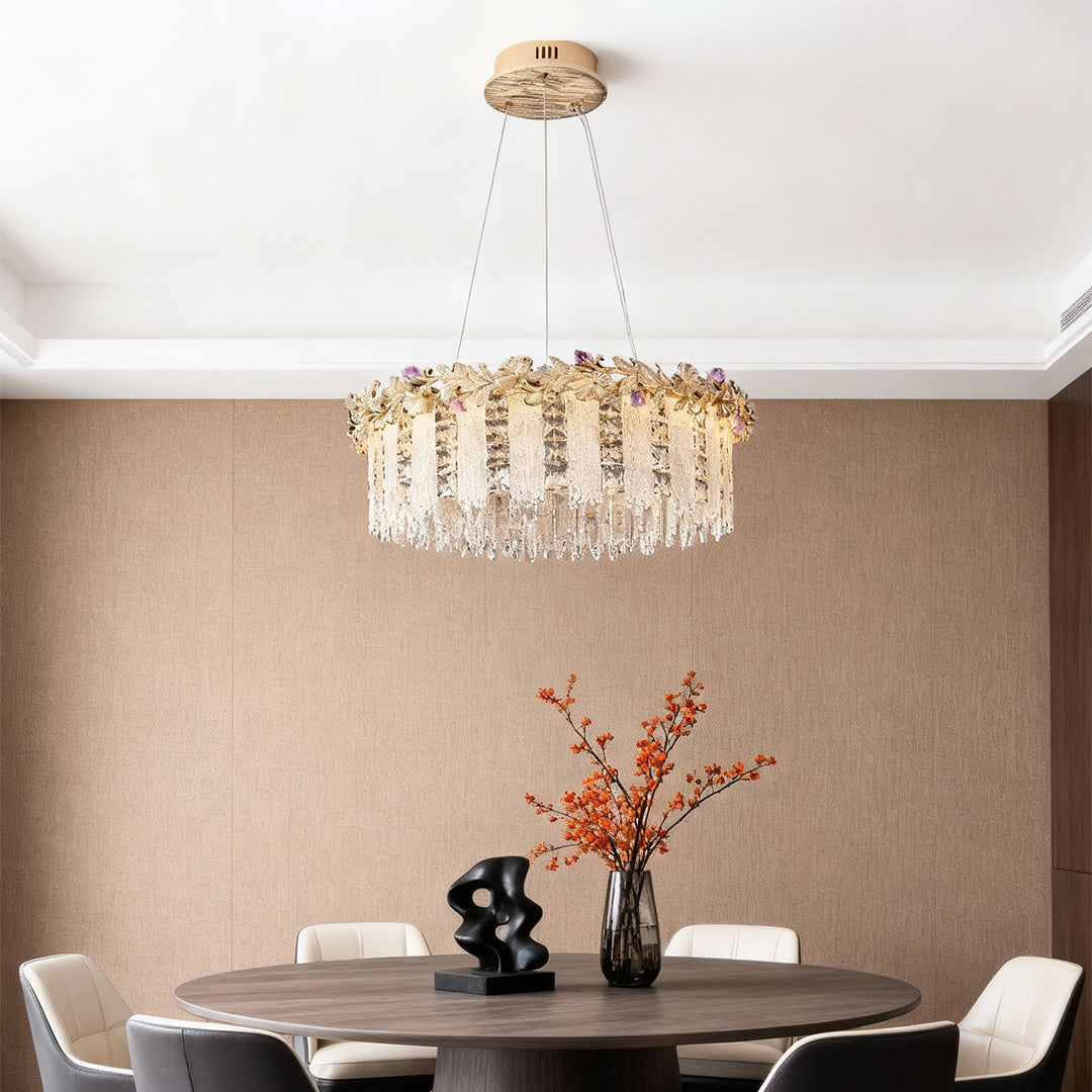 Minimalist French Crystal Chandelier — Champagne Gold Steel, Three-Color Dimming, 31.5" Adjustable Rope, Single- or Double-Layer