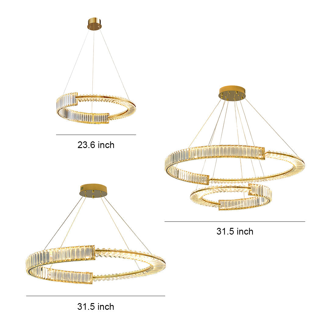 Modern Gold Crystal Ring Chandelier — Iron, LED, 3-Step Dimming (3000K–6000K), 600mm / 800mm / Combination
