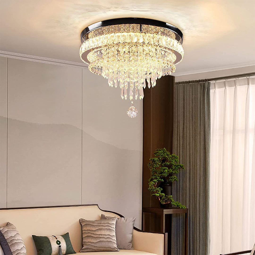 Round Crystal Flush-Mount Chandelier — Gold Stainless Steel, 55W LED, Four-Mode Dimming, 19.69"