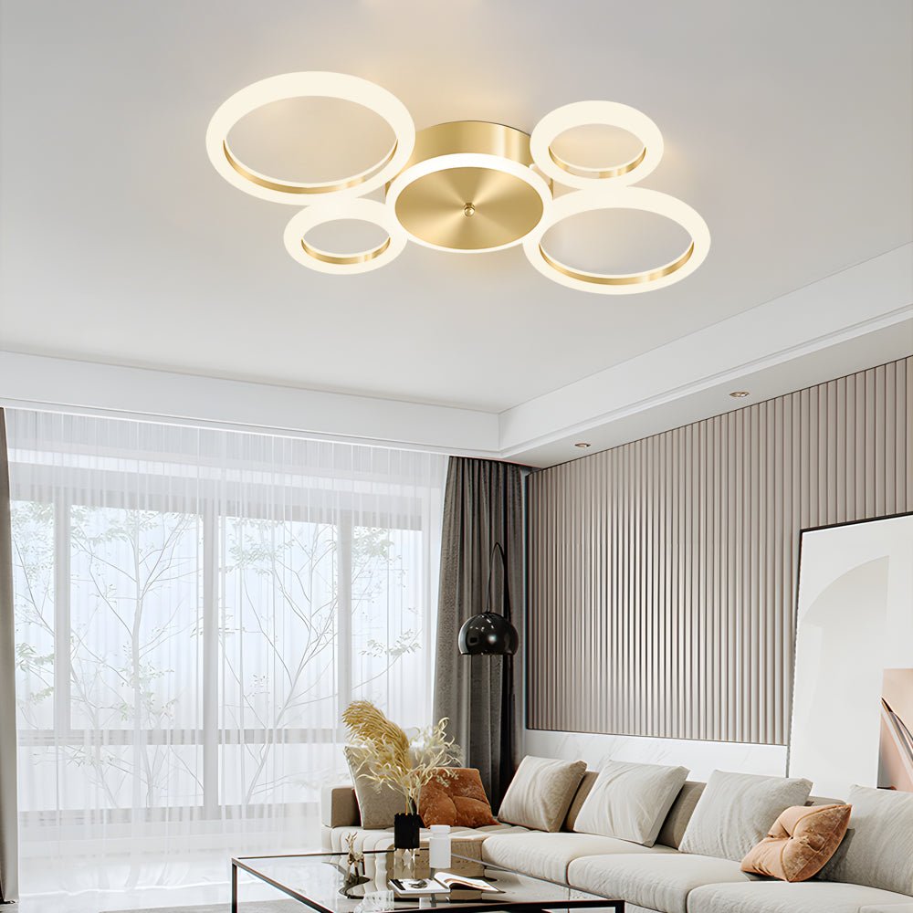 Circular LED Flush-Mount Ceiling Light — Gold, Iron and Acrylic, 3000K–6000K Dimmable, 3-Light / 4-Light / 5-Light